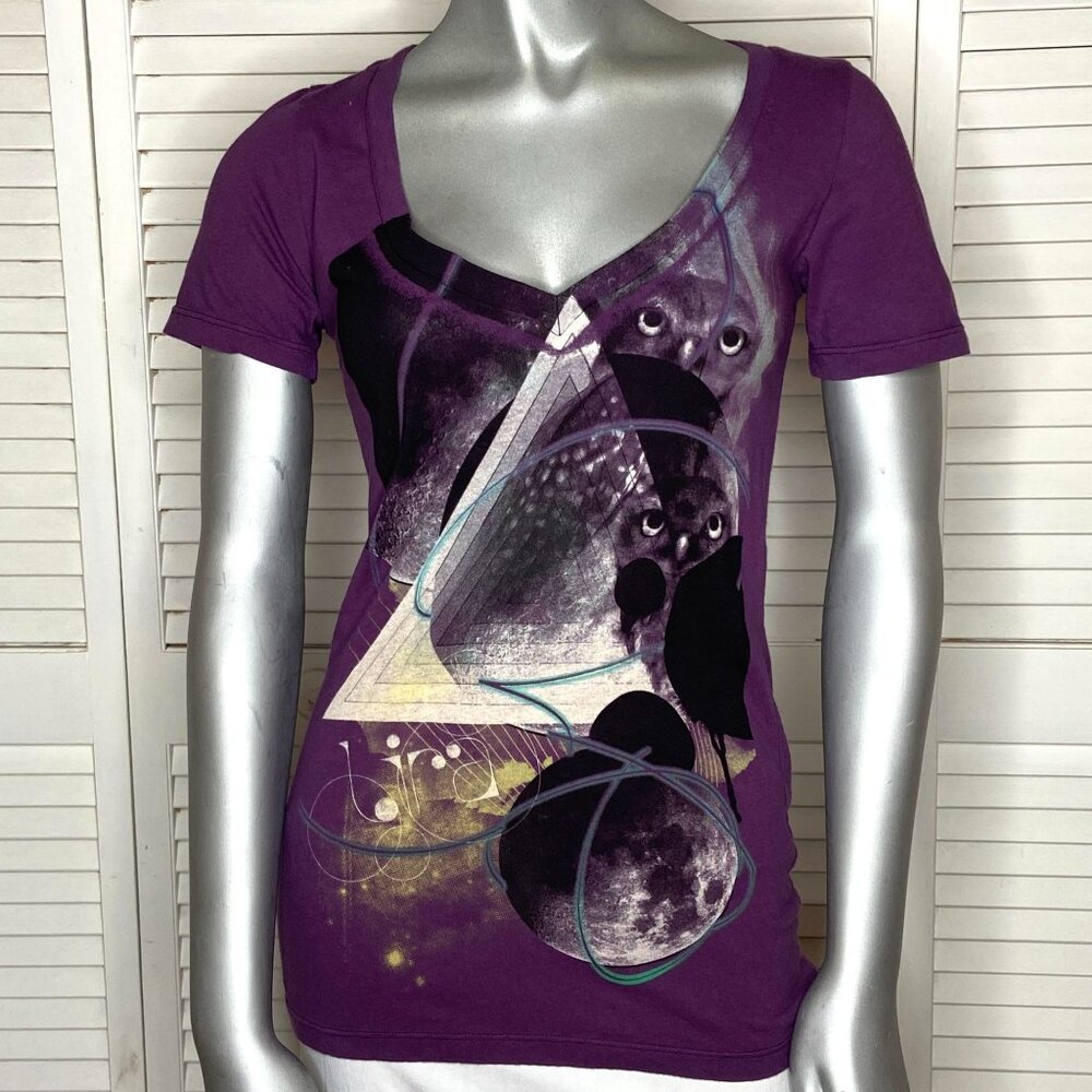 Lira Purple Cotton Short Sleeve Owl Geometric Moon Graphic Printed T-Shirt S